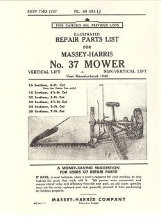 Repair Parts Manual Massey Harris 37 Mower Horse Drawn 1942