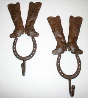 Pair Cowboy Boots Horse Shoe Hooks Cast Iron Metal