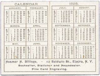 Hosmer Billings Bookseller Elmira NY 1893 Antique Calendar Victorian