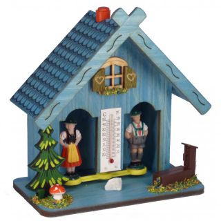  German Black Forest Chalet Weather House with Thermometer Blue