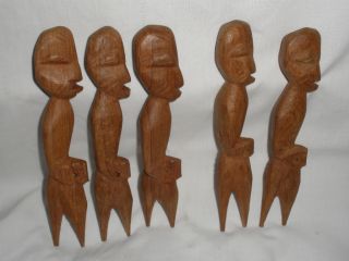 Hand Carved Wood Figural Primitive Style Forks Set of Five