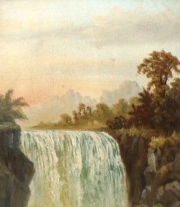 Antique Hudson River School Hidden Falls Sunset Landscape w Post Oil