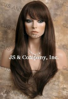 Human Hair Blend Long Straight Medium Brown Wig
