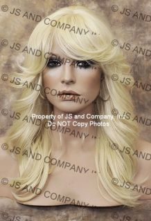 Human Hair Blend Wig Feathered and Layered with Bangs Heat Safe Pale