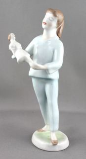 Hungarian Porcelain Kezzel Festett Girl with Doll Figurine