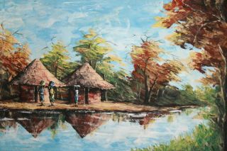 Vintage Oil Painting African Landscape River Huts