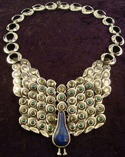 Ignacio Gomez Taxco Mexican 950 Silver Lapis Peridot Peacock Necklace