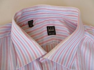 Ike Behar New York Light Pink Blue Striped Cotton Dress Shirt Mens 17