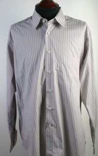 New Ike Behar Cotton Striped Dress Shirt 17 L Blue White Tan Stripes