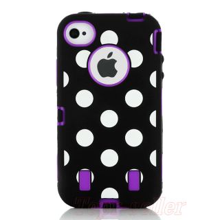 Black Polka High Impact Combo Hard Rubber Case for iPhone 4 4G 4S