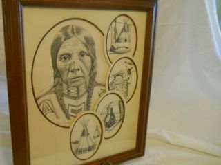 Original Pen Ink Art of Indian Cheif Wigwam Papoose and Fire Dated and