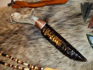 Lace Obsidian Flint Knapped Indian Wolf Bowie Knife Blade Black Powder