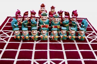 Large Indian Chess Set with Animal Heads Hand Painted