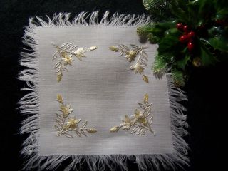 Antique Hand Embroidered Society Silk Doily Beautiful Gold Florals