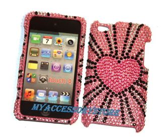 Apple iPod Touch 4 4th Gen Pink Hearts Rhinestones Crystal Bling Case