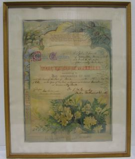   Vintage 1917 Framed Marriage Certificate University Park Iowa 1900s