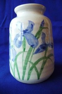 Cream Embossed Vase Pottery Blue Iris Neher 1991 USA