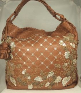 Isabella Fiore Beaded Leather Large Hobo Handbag