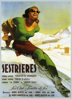 LADY Girl in Green Italian Italy Sestrieres Ski Aosta Travel Poster