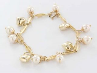  14k Yellow Gold Heart Pearl Charm Bracelet Fine Italian Jewelry