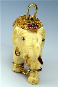  IVORY ELEPHANT with Heavy 14K GOLD, Rubies and Emerald Pendant  27.7g