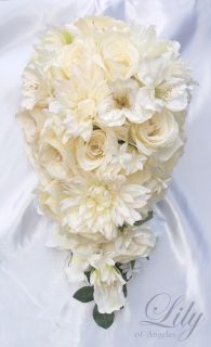 17pcs Wedding Bridal Bouquet Flowers Ivory Cascade Silk