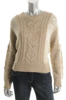 Aqua New Tan Stitch Detail Cable Knit Ribbed Trim Crew Neck Pullover