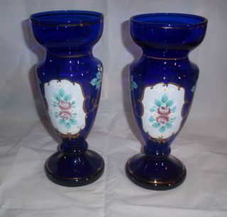 Vintage Hut Jakub Tasice 1796 Colbolt Blue Vase Set 2