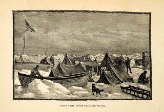 1882 Steel Engraving Arctic Camp Jeannette Expedition American Flag