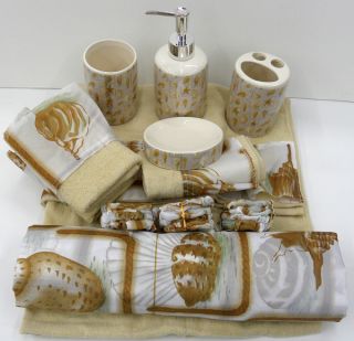  Ceramic Set Shower Curtain and Towel Set Sea Shells Gold Beige