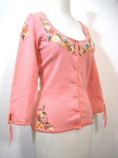Betsey Johnson Womens Coral Pink Embroidered Cardigan Sweater Sz M