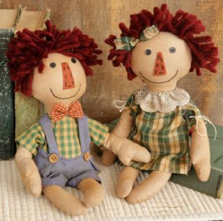 Primitive Folk Art Twin Raggedy Ann Doll Jake and Jenny