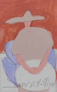 Original Jim N Hill Acrylic Painting Woman with Hat in Taupe on Chair