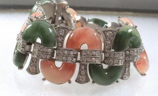 Vintage Kenneth Jay Lane Faux Coral Jade Rhinestone Bracelet Deco