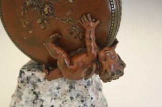 Signed 19c Figural Bronze of Cherubs Playing on Vase w Granite Base by
