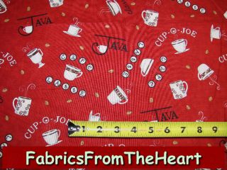 Java Coffee Cups Cafe Latte Beans on Red Moda Fabric