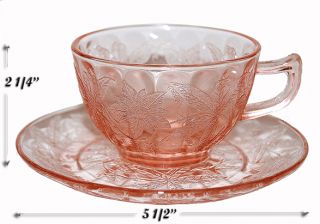 Jeannette Floral Poinsettia Depression Glass Pink Cup and Saucer Set