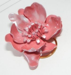 Vintage Jeri Lou Pink Enamel Metal Flower Scarf Clip Brooch Pin