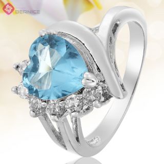 Wedding Jewelry Heart Aquamarine White Gold Plated Cocktail Ring Size