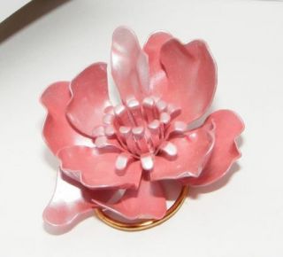 Vintage Jeri Lou Pink Enamel Metal Flower Scarf Clip Brooch Pin