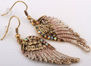 Gold Brown Crystal Angel Wing Earrings EC23 Matching Ring Pin Pendant