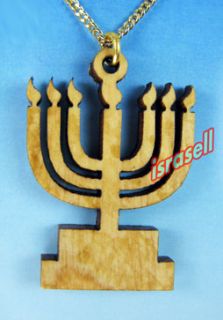 Olive Wood Menorah Pendant Gold Chain Jewish Jewelry