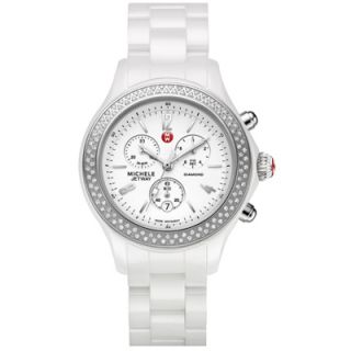 New Michele Ladies Diamond Jetway Chronograph White Ceramic Watch