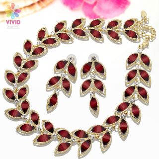 New Jewelry Set Dark Red Olive Leaf Shape 18K Gold Plated Necklace