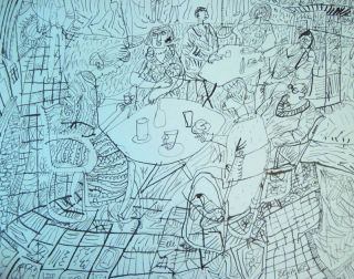 Pen and Ink Drawing Cafe Street Scene Signed Jiri Slitr, Czech Artist