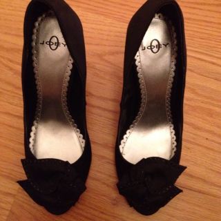 Joey O Black Satin Jeweled Peeptoe High Heel Shoes with Bows