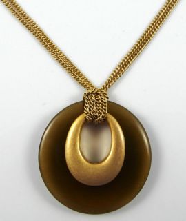 Lia Sophia Signed Necklace Brushed Gold Plated Tigers Eye Disc 16 18