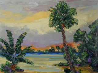 Blazing Sky Florida Highwaymen Art Style Seascape Painting Kenneth John Pugh Ken  