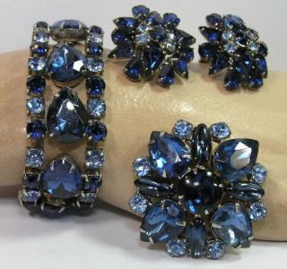 Vintage COBALT LIGHT BLUE Rhinestone CLUSTER Brooch BRACELET Earrings PARURE  