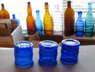 3 Neat Old Cobalt Blue John Wyeth Dose Caps for Effervescent Salts Med Bottles  